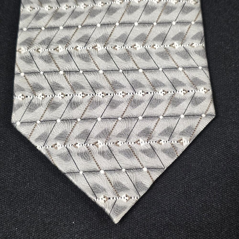 Chez Roffé Men's Tie Grey Silver Brown Silk Geometric Pattern Handmade